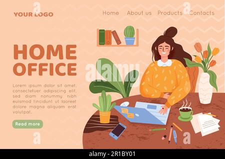 Landung im Home Office. Freiberufliche Arbeit. Business-Webinar für süße Frauen. Arbeiter am Computer. Mitarbeiter oder Manager im digitalen Bereich. Laptop und Schreibwaren an Stock Vektor