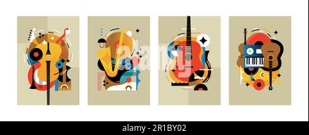 Jazzmusik. Konzertinstrumente, Poster mit Klavier, Saxofon und Gitarre, abstrakte Orchesterbezüge. Geometrische Elemente auf Hintergrund, wird gedruckt Stock Vektor