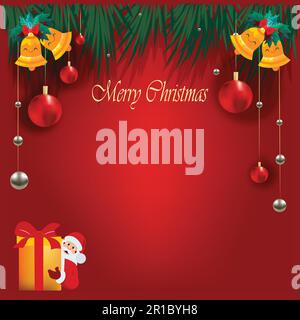 Hintergrund für Weihnachten und Neujahr. Xmas Tanne üppiger Baum. Zuckerstangen von Keksen, goldene Geschenkbox. Glaskugeln, die an einem Band hängen. Helle Winter-Hure Stock Vektor