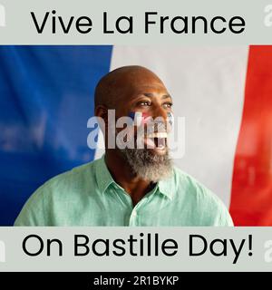 Komposition des Textes zum bastille-Tag über einem afroamerikanischen Mann mit französischen Flaggen auf den Wangen Stockfoto