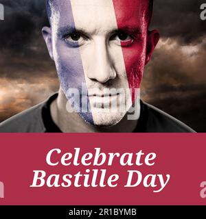 Zur Zusammensetzung des Textes zum bastille-Tag über einem Weißen Mann mit gemalter Fahne frankreichs im Gesicht Stockfoto