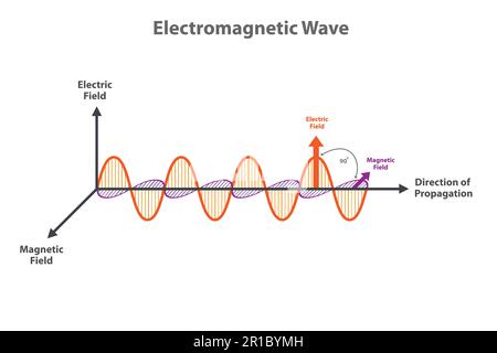 Darstellung des elektromagnetischen Wellenvektors. Wissenschaftliche Darstellung der elektromagnetischen Welle, bestehend aus elektrischen und magnetischen Feldern und Ausbreitung. Stock Vektor