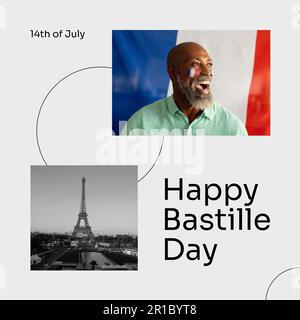Text zum bastille-Tag über afroamerikanischem Mann mit Fahnen von frankreich und eiffelturm Stockfoto