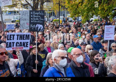 Teil der Menge bei der No Stadium Rally auf dem Parlamentsgarten in Hobart, Samstag, den 13. Mai. An der Protestkundgebung nahmen mehr als 6.000 Menschen Teil, die sich gegen den Bau eines AFL-Stadions in Mac Point am Hafen von Hobart aussprachen. Stockfoto