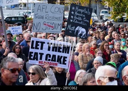 Teil der Menge bei der No Stadium Rally auf dem Parlamentsgarten in Hobart, Samstag, den 13. Mai. An der Protestkundgebung nahmen mehr als 6.000 Menschen Teil, die sich gegen den Bau eines AFL-Stadions in Mac Point am Hafen von Hobart aussprachen. Stockfoto