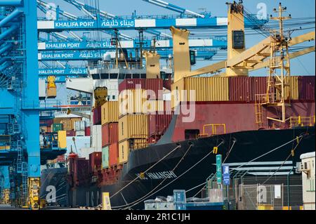 Vereinigte Arabische Emirate. 27. Juni 2019. Versandcontainer werden von einem Containerschiff im Hafen von Khalifa entladen. (Credit Image: © John Wreford/SOPA Images via ZUMA Press Wire) NUR ZUR REDAKTIONELLEN VERWENDUNG! Nicht für den kommerziellen GEBRAUCH! Stockfoto