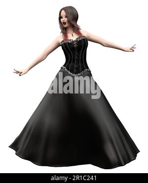 Gotische Asiatin trägt schwarzes Kleid mit Korsett, Illustration 3D. Stockfoto