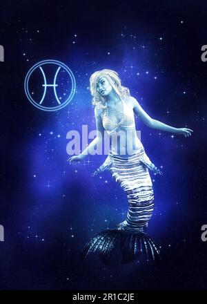 Fantasy-Sternenraum und Meerjungfrau-Mädchen, Pisces-Zodiac-Zeichen, 3D-Abbildung. Stockfoto