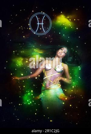 Fantasy-Sternenraum und Meerjungfrau-Mädchen, Pisces-Zodiac-Zeichen, 3D-Abbildung. Stockfoto