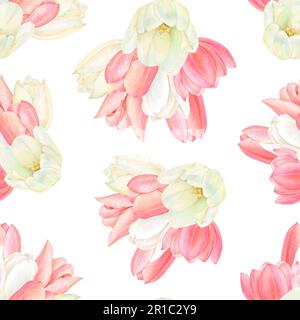 Aquarelle zeichnen eine Verbindung von wunderschönen Blüten aus weißen und rosa Tulpen auf weißem Hintergrund. Handgemalte, luxuriöse Blumen. Hohe Qualität Stockfoto