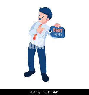 Flacher 3D Isometrischer Geschäftsmann bewirbt sich mit Price Tag. Verkaufen und werben Sie für das Konzept. Stock Vektor