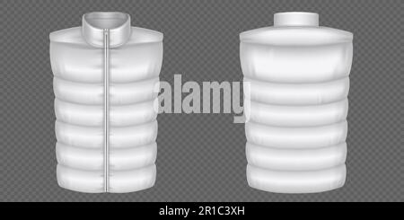3D Puffer warme Weste Vektormodell. Isolierte weiße Winterweste auf transparentem Hintergrund. Ärmelloses Sakko-Set mit Vorder- und Rückseite für Herren Stock Vektor