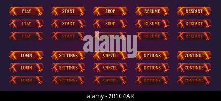Fantasy Lava Game Button Vector Cartoon ui-Set. Magische Animations-Animations-Animations-Elemente mit Titel-gui-Kit. Mittelalterliches Hot-Sign-up zum Spielen, St. Stock Vektor