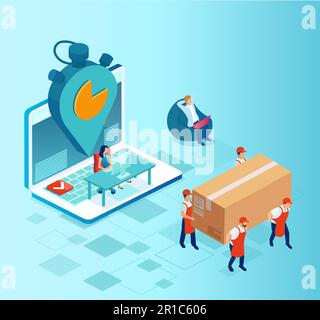 Isometrischer Vektor eines online einkaufenden Mannes mit Hilfe eines Online-Shop-Assistenten Stock Vektor