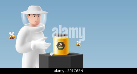 3D Darstellung eines Imkers, der ein Glas Honig präsentiert, das von Bienen übersät wird, Promo-Illustration Stock Vektor