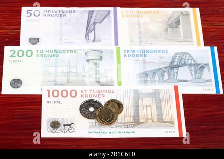 Dänisches Geld - Krone - Münzen und Banknoten Stockfoto