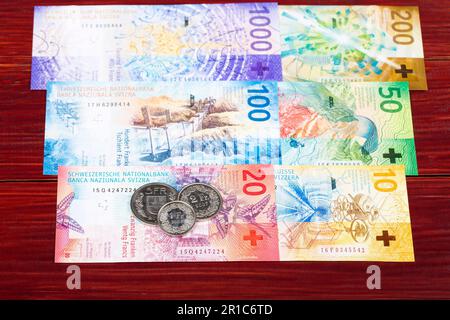 Schweizer Geld - Franken - Münzen und Banknoten Stockfoto
