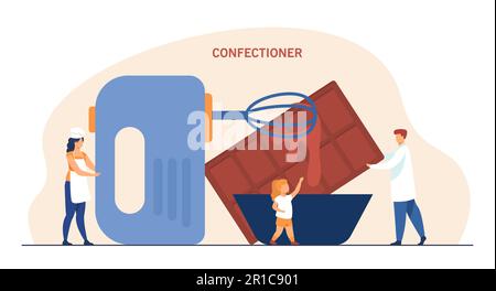 Winzige Süßigkeiten, die mit einem riesigen Mixer, einer Schüssel und Schokolade kochen Stock Vektor