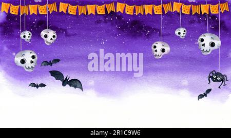 Aquarell violetter Hintergrund des halloween-Themas mit Fledermäusen, lustigem Schädel, orangefarbenen Flaggen, handgezeichneter Skizze, lila Farbverlauf. Stockfoto