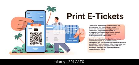 Mann druckt E-Tickets über mobile App Online-Buchung Suche nach Flugservicekonzept horizontal Stock Vektor