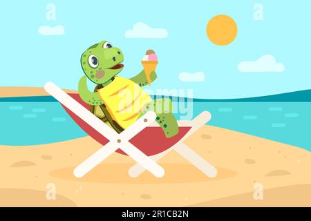 Fröhliche Schildkröte, die sich am Meeresstrand mit Eis entspannt Stock Vektor