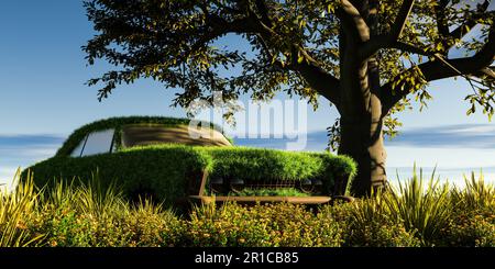 Ein Auto, das von Gras auf einer Wiese unter einem Baum überwuchert ist - 3D Illustration Stockfoto