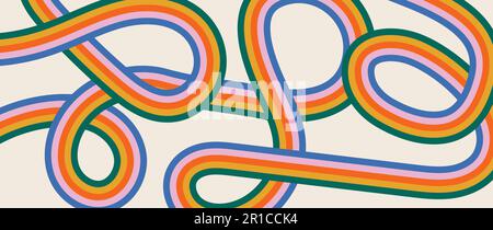 Groovy abstrakter Hintergrund mit bunten Linien. 60 bis 70s Jahre Retro-Muster mit Streifen in Regenbogenfarben. Trendige, psychedelische Wellen-Cartoon-Kulisse Stock Vektor