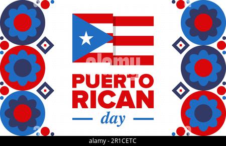 Puerto-Ricanischer Tag. Landesweite frohe Feiertage. Festival und Parade zu Ehren der Unabhängigkeit und Freiheit. Puerto-Rico-Flagge. lateinamerikanisch. Vektorposter Stock Vektor