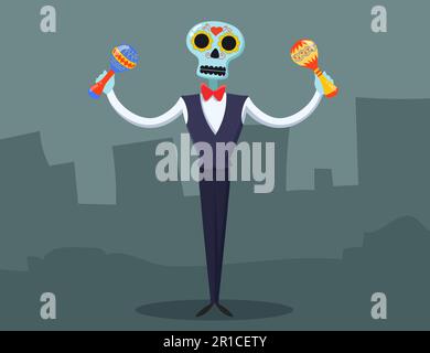 Mexikanisches Skelett im Anzug mit Maracas Stock Vektor