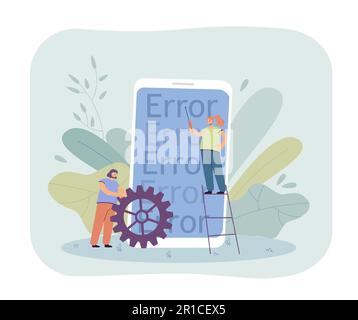 Winzige Leute, die Fehler bei der Telefonanwendung beheben Stock Vektor