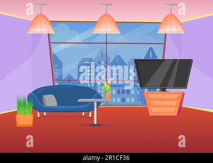 Farbenfrohes Wohnzimmer mit Sofa und Fenster mit Stadtblick Stock Vektor