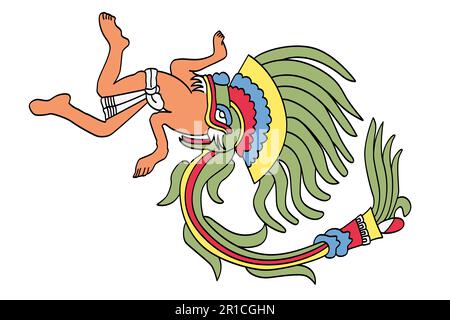 Quetzalcoatl als gefiederte Schlange, aztekischer gott. Die plumpe Schlange ist der Doppelnatur der Gottheit verfallen. Stockfoto