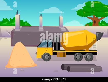 Cartoon-Beton- oder Zementmischmaschine auf der Baustelle Stock Vektor