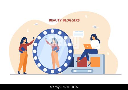 Ein kleiner, glücklicher Beauty-Blogger, der Videos aufnimmt Stock Vektor