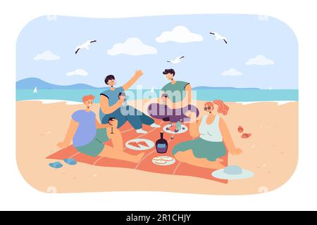 Eine Gruppe glücklicher Freunde, die ein Picknick am Strand machen Stock Vektor