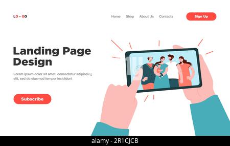 Menschliche Hände halten Smartphone mit FamilienSelfie Stock Vektor