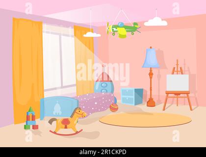 Einrichtung im Kinderzimmer mit bunten Spielzeugen und Möbeln Stock Vektor