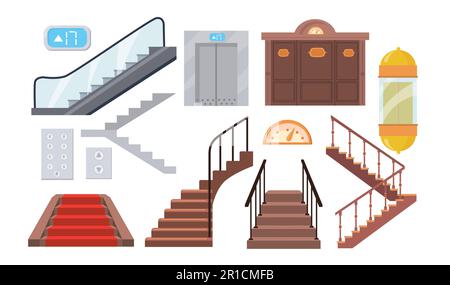 Ein Set aus Metall- und Holztreppen, Aufzügen, Rolltreppen Stock Vektor