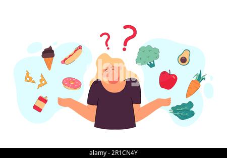 Eine aufmerksame Frau, die sich zwischen gesundem und Junk Food entscheidet Stock Vektor