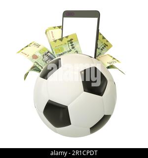 3D-Rendering von jemenitischen Rial-Notizen und Telefon hinter dem Fußball. Sportwetten, Fußballwetten, Konzept isoliert auf weißem Hintergrund. Modell Stockfoto