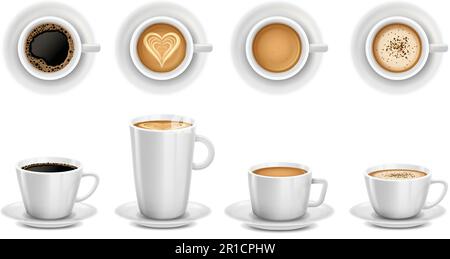 Realistische 3D Tassen Kaffee. Weißer Keramikbecher mit Cappuccino, Latte Art und Motiv für Werbeaktionen im Café isoliertes Vektorbildset Stock Vektor