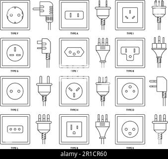 AC-Steckdosen mit Netzsteckern. Steckdosen- und Steckverbindertypen aus verschiedenen Ländern weltweit, Stromanschluss und Vektorleitung für Ladekabel Stock Vektor