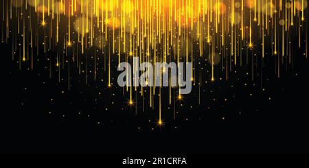 Goldene schimmernde Sternschnuppen. Dunkler Hintergrund mit herabfallenden, glänzenden Konfettipartikeln, Funken, Regen, luxuriöser abstrakter Vektorhintergrund Stock Vektor