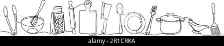 Küchengeräte mit einer Linie. Kochutensil horizontale Trennwand für Speisenrezepte für Restaurantmenüs. Darstellung des linearen Vektors Stock Vektor