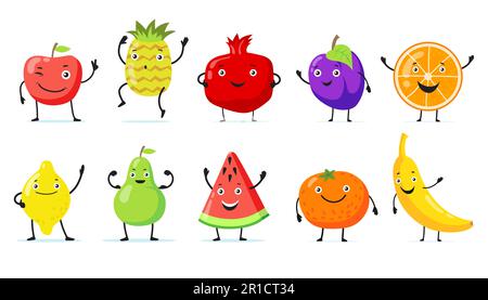 Ein Satz fröhlicher Frucht-Cartoon-Figuren mit flacher Vektordarstellung Stock Vektor