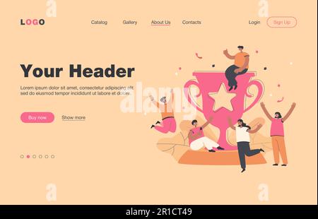 Winzige glückliche Gewinner in der Nähe des großen goldenen Pokals Stock Vektor