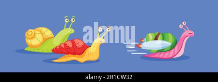 Cartoon-Schneckenrennen-Anführer. Langsam fahrende Schnecken, Turborakete, schnell beschleunigte glückliche Schnecke. Vektordarstellung des Advantage-Konzepts Stock Vektor
