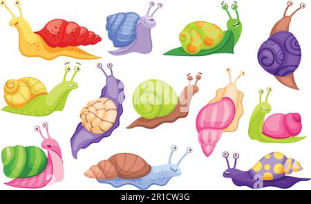 Cartoon-Schnecke. Lustige lächelnde Gartenschnecken mit farbigen Muscheln, fröhlichen Gesichtern und süßen Augen. Gastropod-Vektor-Zeichnungsset Stock Vektor