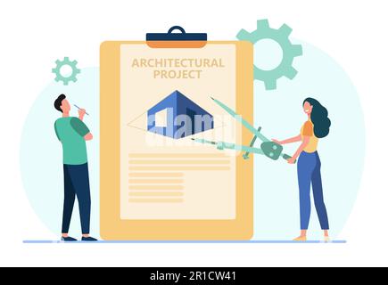 Zeichentrickfilme, winzige Architekten und gigantisches Architekturprojekt Stock Vektor