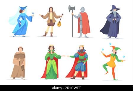 Eine Reihe mittelalterlicher Cartoon-Figuren in historischen Kostümen Stock Vektor